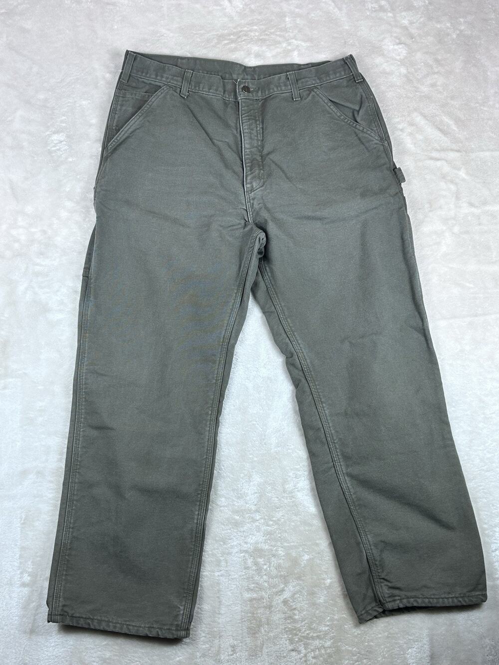 Carhartt Dungaree Fit Flannel Lined Duck Pants Green B111 MOS Men’s Size 38x30
